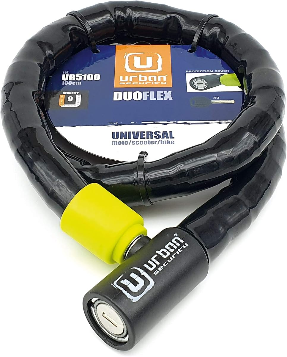 Fotografía técnica oficial de URBAN UR5100 Candado Moto y Bicicleta, Cable de Acero Reforzado con Blindaje Articulado - Vista frontal con fondo blanco