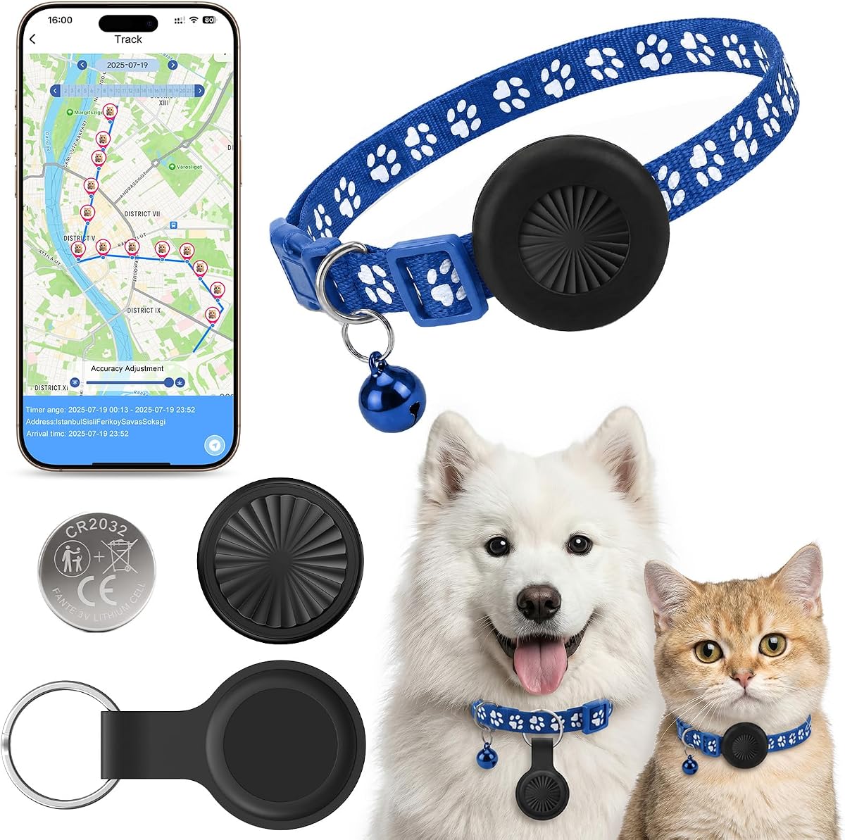 Fotografía técnica oficial de GPS Perros GPS Gatos Compatible con iOS y Android, Localizador GPS Gatos Perros - Vista frontal con fondo blanco