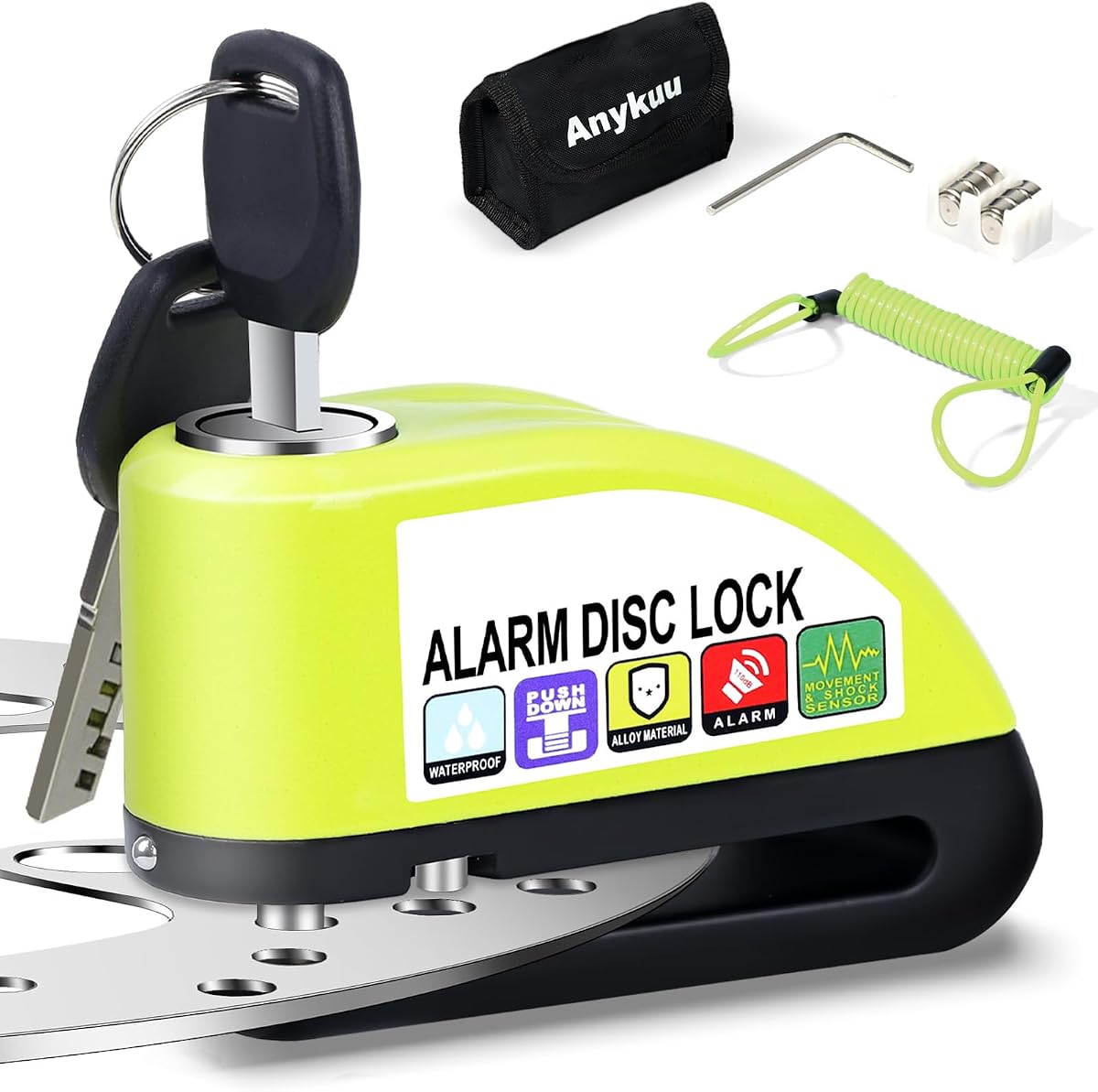 Ver especificaciones técnicas y precio actualizado de Anykuu Candado Moto con Alarma 110 dB, Antirrobo de Disco 7 mm Fotografía técnica oficial de Anykuu Candado Moto con Alarma 110 dB, Antirrobo de Disco 7 mm - Vista frontal con fondo blanco