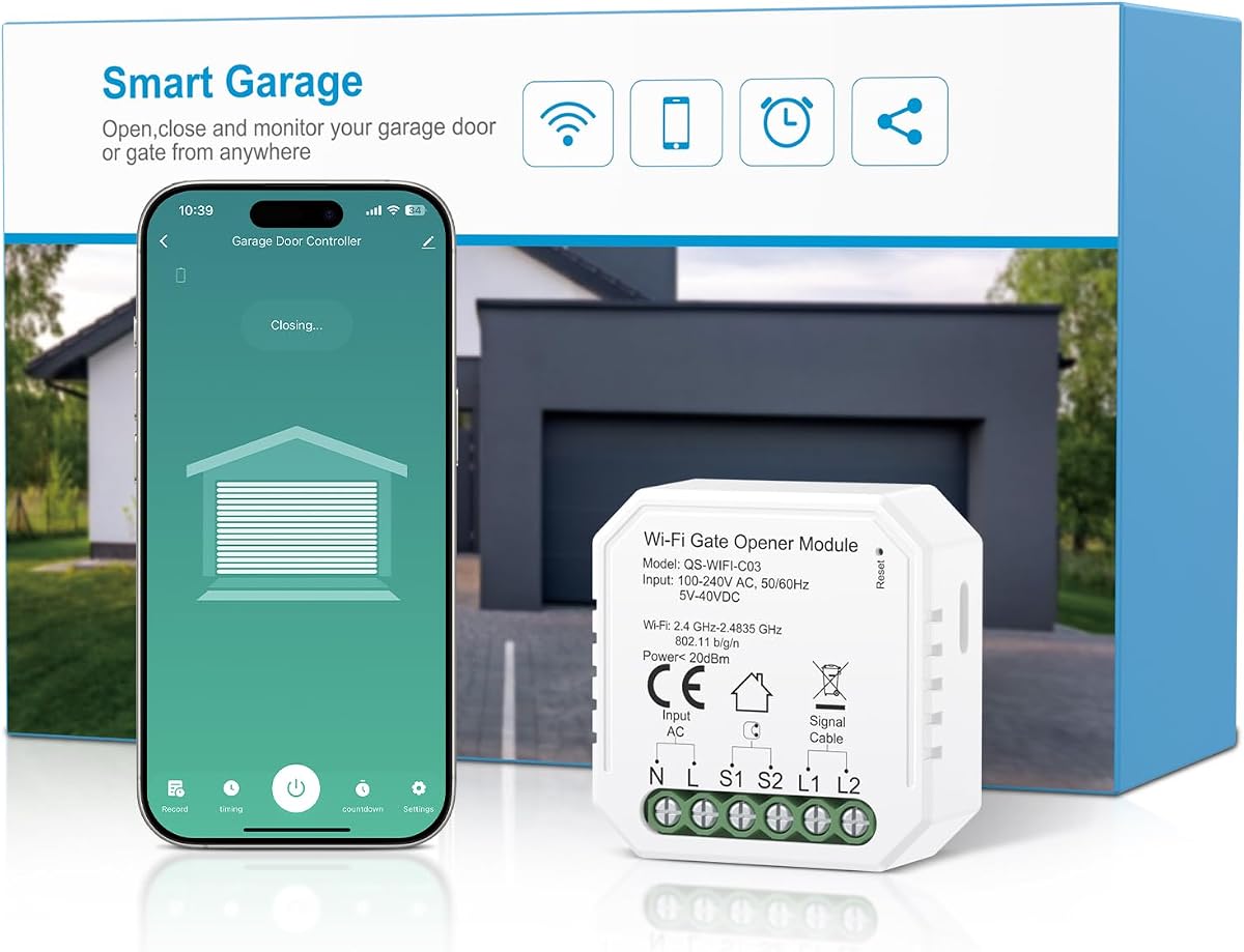 Ver especificaciones técnicas y precio actualizado de Maxcio Abridor de Puerta de Garaje Inteligente WiFi, Compatible con Alexa/Google Home, Control Fotografía técnica oficial de Maxcio Abridor de Puerta de Garaje Inteligente WiFi, Compatible con Alexa/Google Home, Control - Vista frontal con fondo blanco