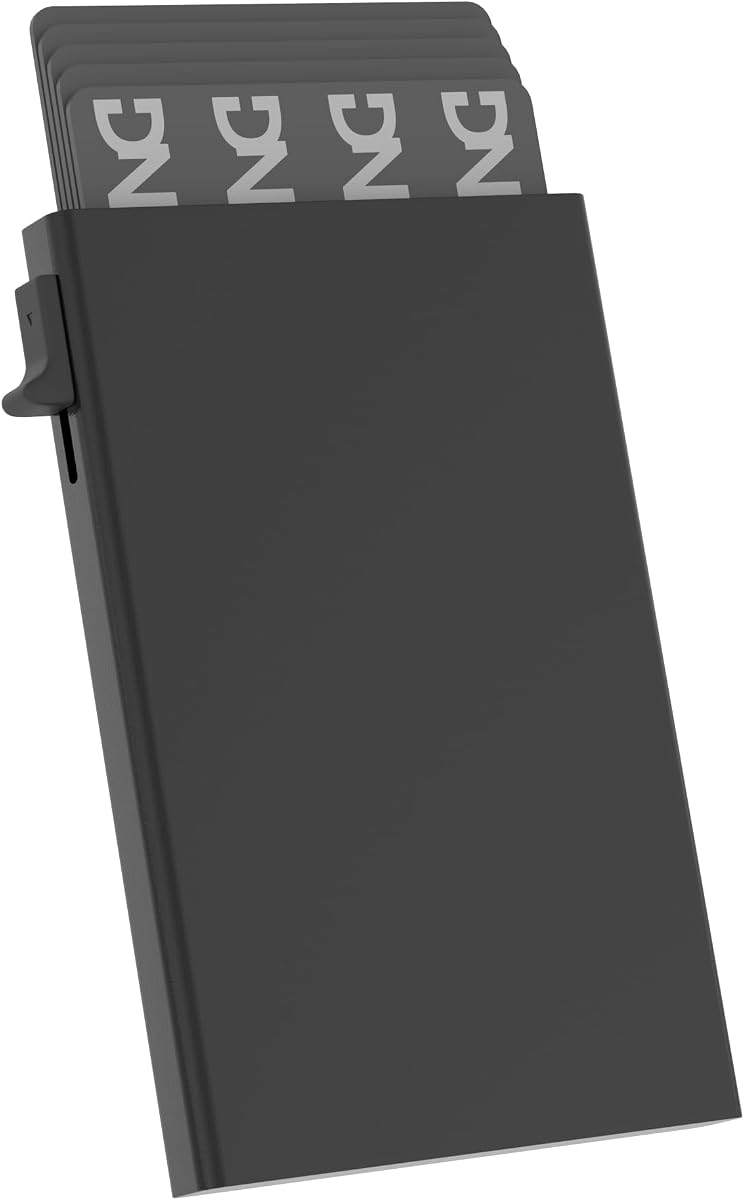 Fotografía técnica oficial de Tarjetero Automático Aluminio para Hombre y Mujer con Sistema de Extracción Lateral, Diseño - Vista frontal con fondo blanco
