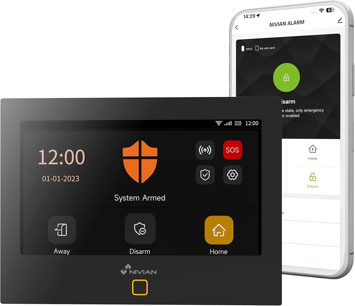 Ver especificaciones técnicas y precio actualizado de Sistema de Alarma WiFi + gsm Nivian NVS-TOUCHALARM-W | Seguridad para Hogar Fotografía técnica oficial de Sistema de Alarma WiFi + gsm Nivian NVS-TOUCHALARM-W | Seguridad para Hogar - Vista frontal con fondo blanco