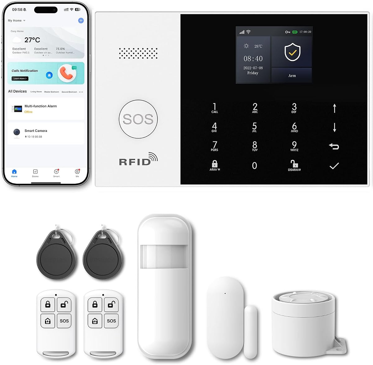Ver especificaciones técnicas y precio actualizado de PGST Kit Sistema de Alarma Inteligente WiFi gsm para el hogar, Sirena 110 Fotografía técnica oficial de PGST Kit Sistema de Alarma Inteligente WiFi gsm para el hogar, Sirena 110 - Vista frontal con fondo blanco