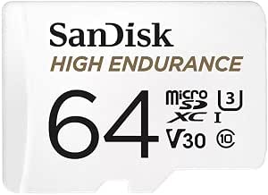 Fotografía técnica oficial de SanDisk High Endurance 64GB Tarjeta MicroSD Video Monitoring para Mirillas y Cámaras - Vista frontal con fondo blanco