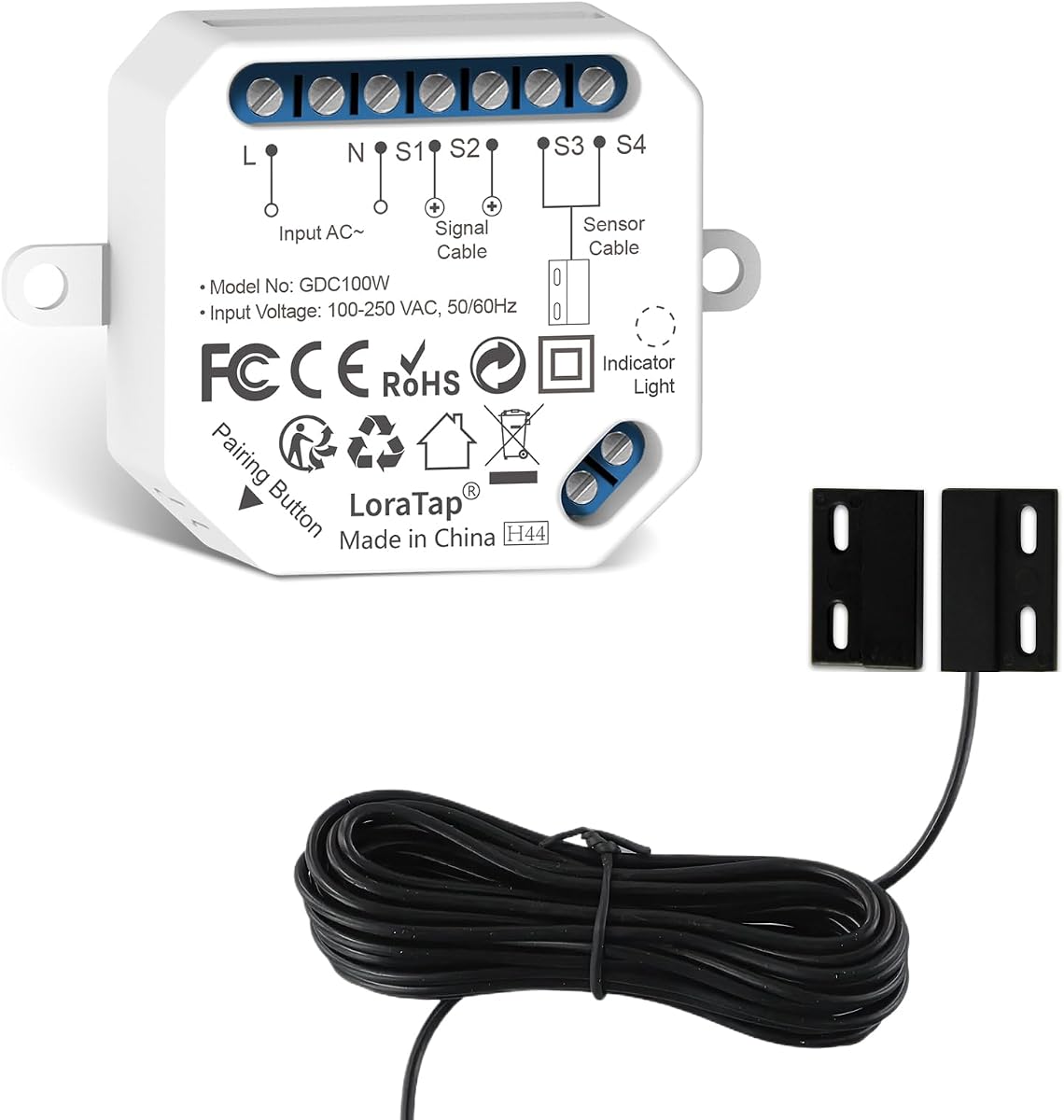 Fotografía técnica oficial de LoraTap Abridor de Puerta de Garaje Inteligente WiFi, Control Remoto de aplicación Smart - Vista frontal con fondo blanco