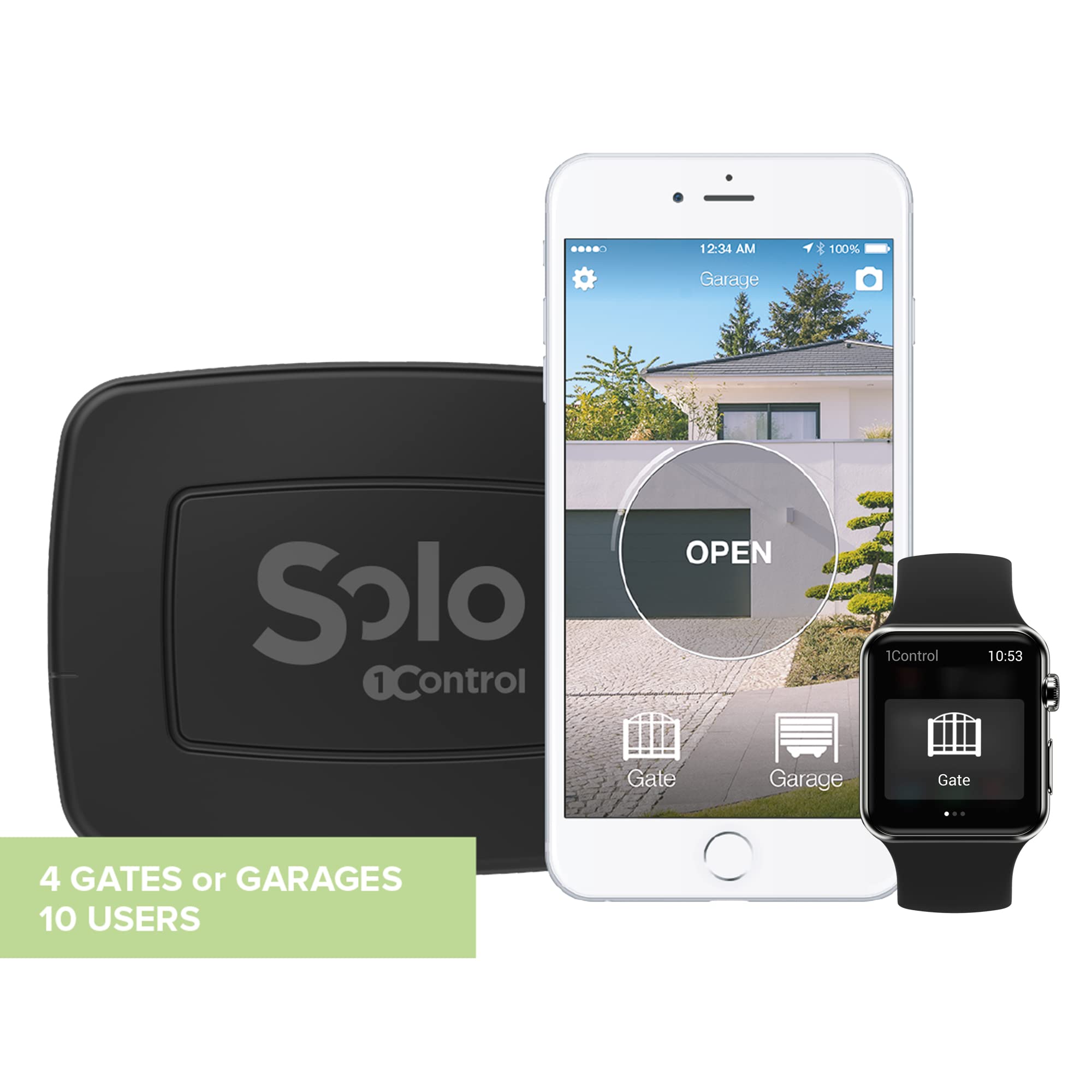 Fotografía técnica oficial de 1Control Solo 2 - Dispositivo de Apertura de Garaje por Bluetooth y Smartphone - Vista frontal con fondo blanco