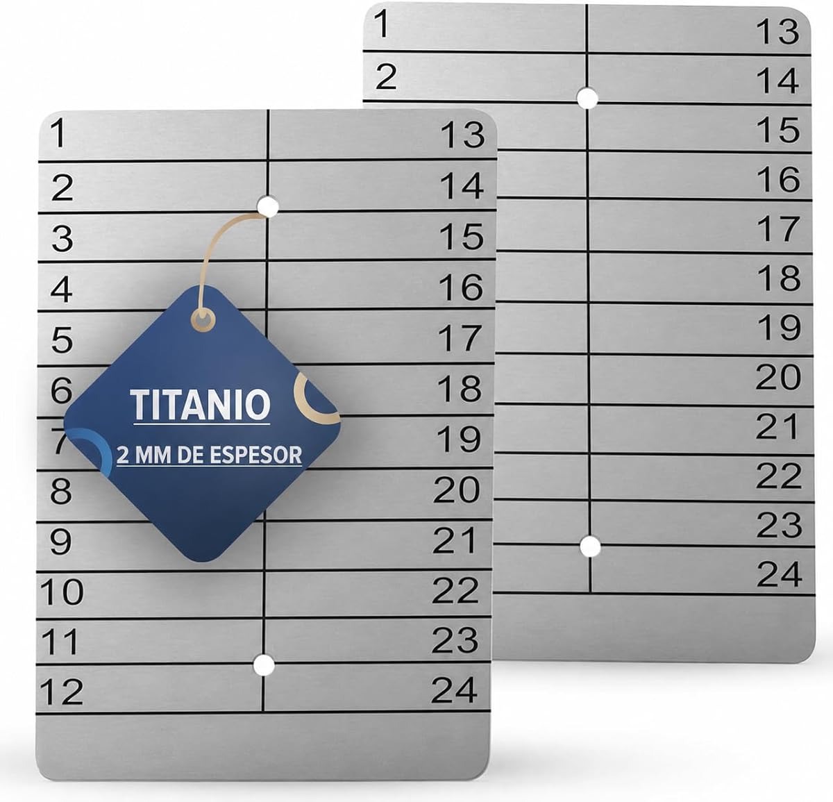 Fotografía técnica oficial de 2placas de titanio con frase de semilla criptográfica grabadas | láser para billetera - Vista frontal con fondo blanco