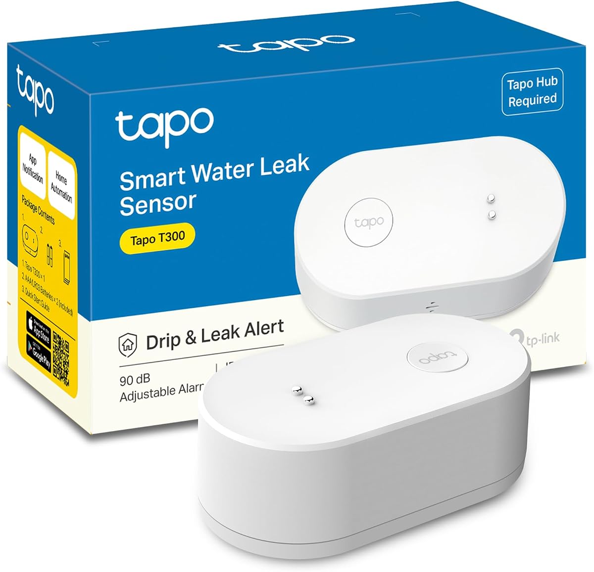 Fotografía técnica oficial de Tapo T300 – Sensor Inteligente de Fugas de Agua, Alarma de Fugas - Vista frontal con fondo blanco