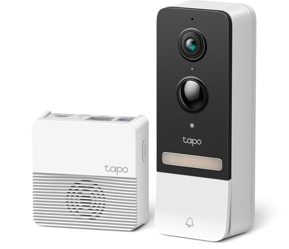 Fotografía técnica oficial de TP-Link Tapo D230S1 Videotimbre Inteligente 2K 5MP con Hub y Batería - Vista frontal con fondo blanco
