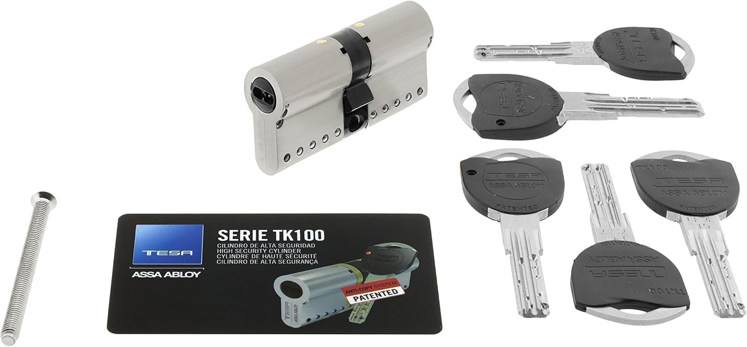 Fotografía técnica oficial de Tesa Assa Abloy TK100 - Cilindro de Alta Seguridad de Doble Embrague Anti-Bumping - Vista frontal con fondo blanco