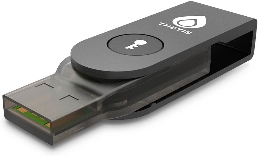 Fotografía técnica oficial de Thetis Pro-A FIDO2 Llave de Seguridad con Tapa Giratoria de Aluminio (USB-A y NFC) - Vista frontal con fondo blanco