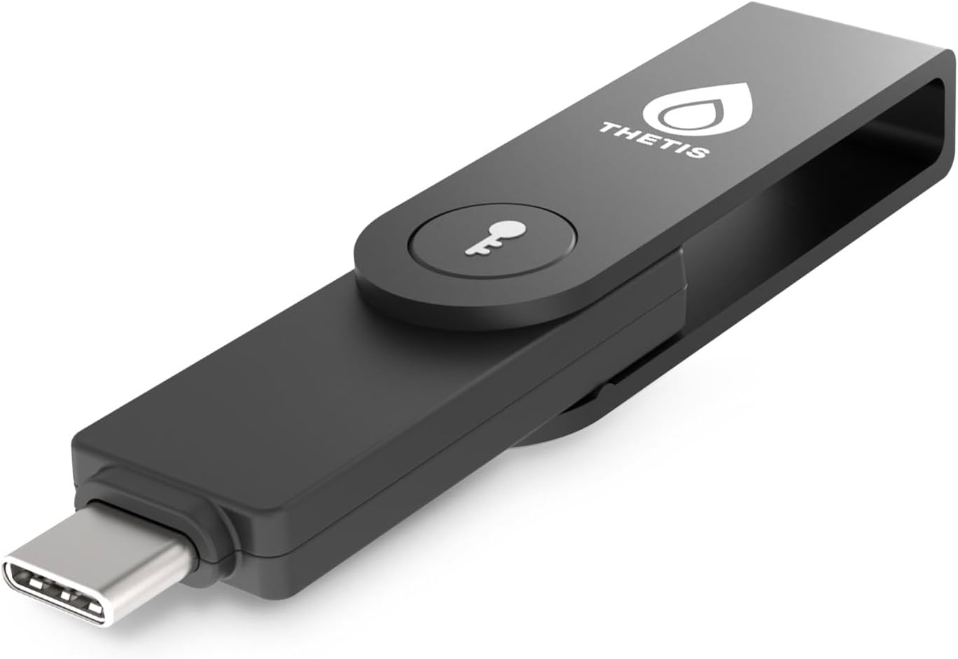 Fotografía técnica oficial de Thetis Pro-C FIDO2 Llave de Seguridad con Tapa Giratoria de Aluminio (USB-C y NFC) - Vista frontal con fondo blanco
