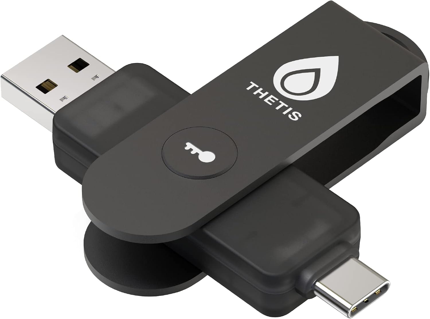 Fotografía técnica oficial de Thetis Pro FIDO2 Llave de Seguridad (Triple Conectividad: USB-A, USB-C y NFC) - Vista frontal con fondo blanco