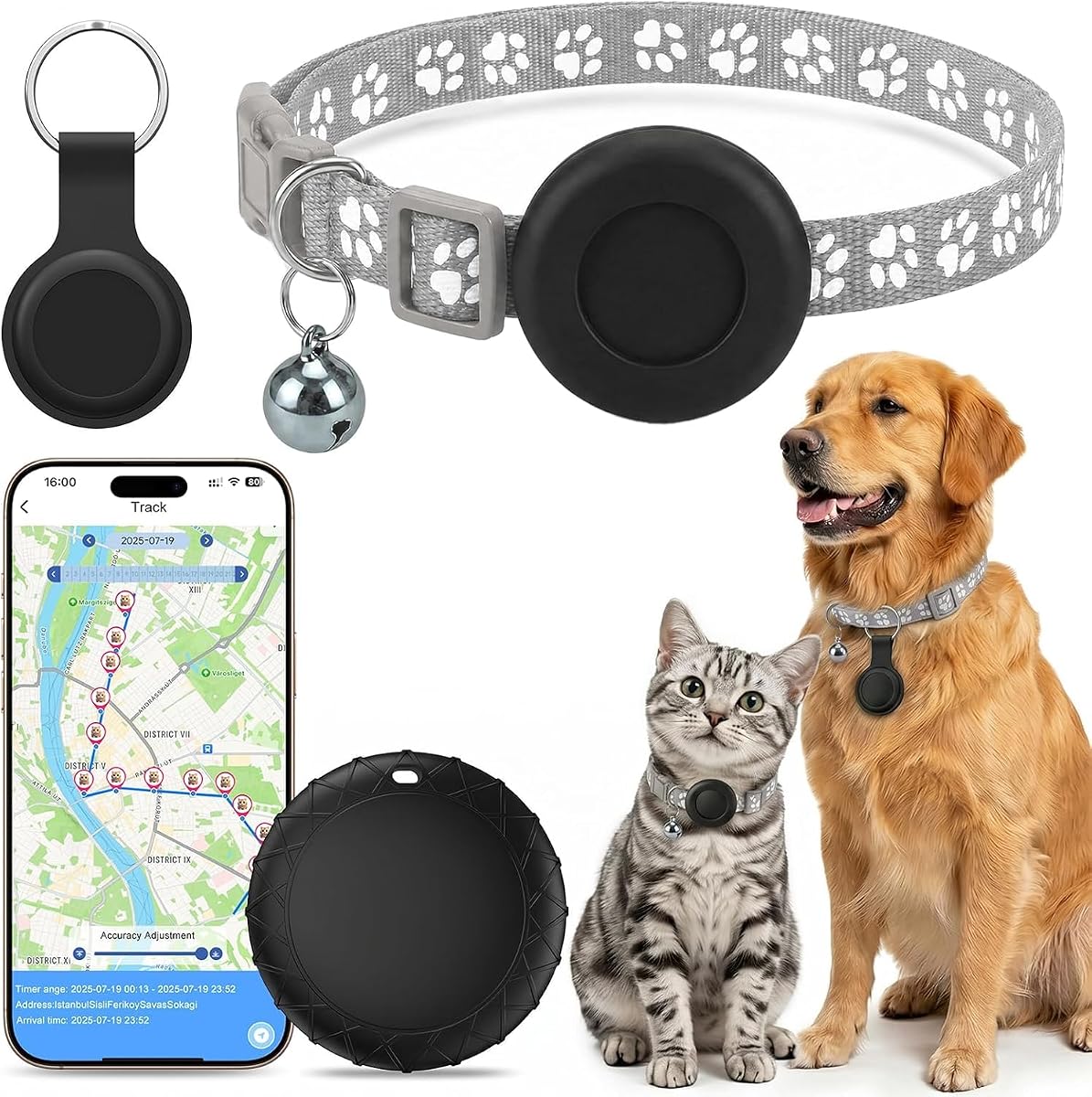 Fotografía técnica oficial de GPS Gatos Localizador GPS Perros, Compatible con Sistemas iOS y Android, Posicionamiento Global - Vista frontal con fondo blanco