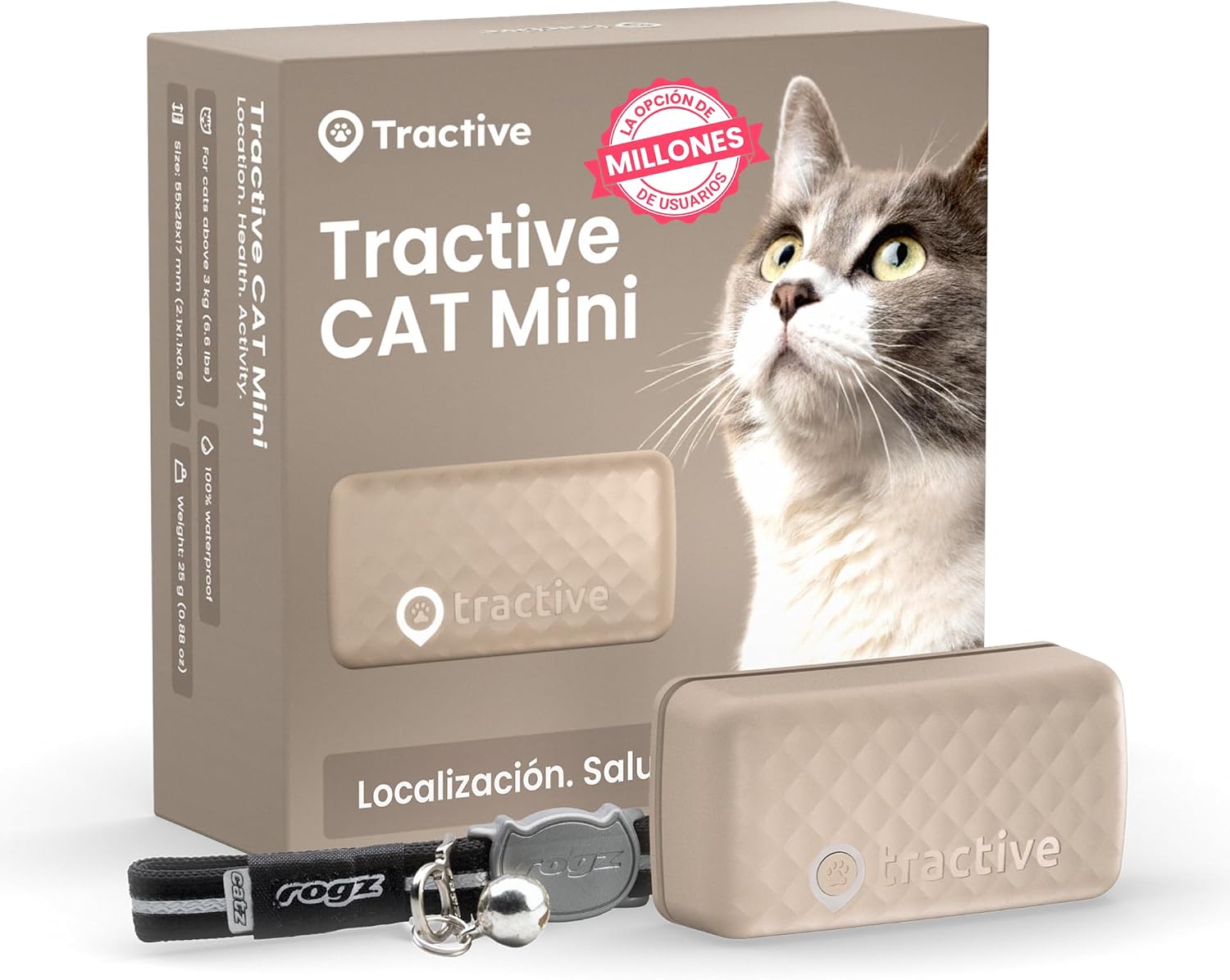 Fotografía técnica oficial de Tractive Mini Collar Gato GPS - Localizador Ultraligero con Collar de Seguridad Rogz - Vista frontal con fondo blanco