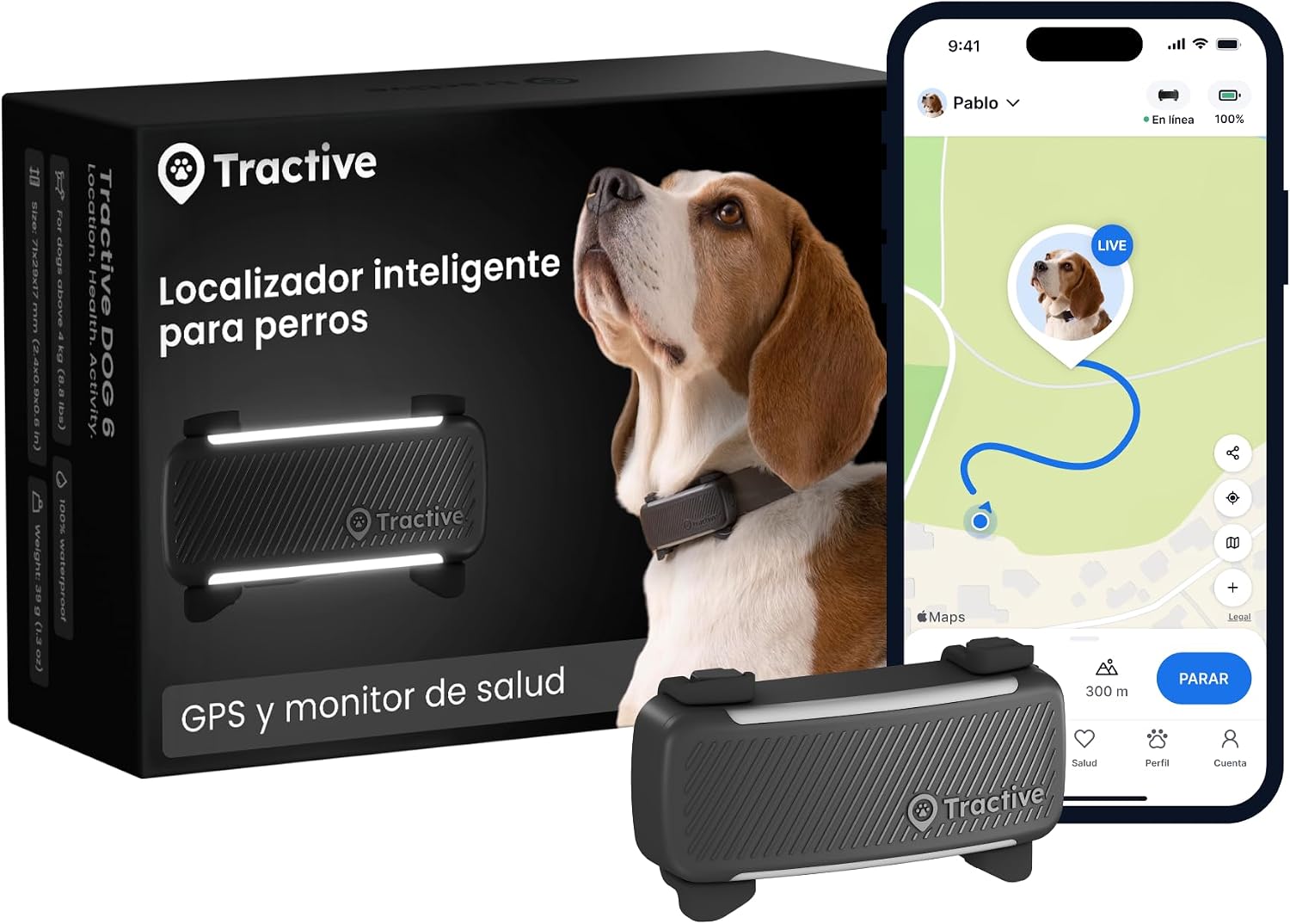 Fotografía técnica oficial de Tractive GPS Perros - Localizador GPS en Tiempo Real con Alertas de Fuga y Salud - Vista frontal con fondo blanco