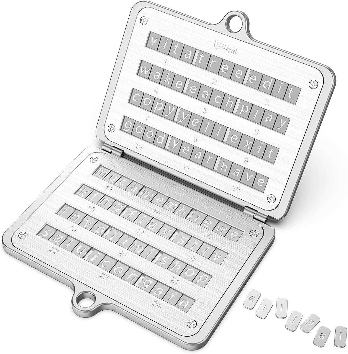 Ver especificaciones técnicas y precio actualizado de ELLIPAL Crypto Seed Phrase Storage, 316 Stainless Steel Metal Seed Phrase Storage with Fotografía técnica oficial de ELLIPAL Crypto Seed Phrase Storage, 316 Stainless Steel Metal Seed Phrase Storage with - Vista frontal con fondo blanco
