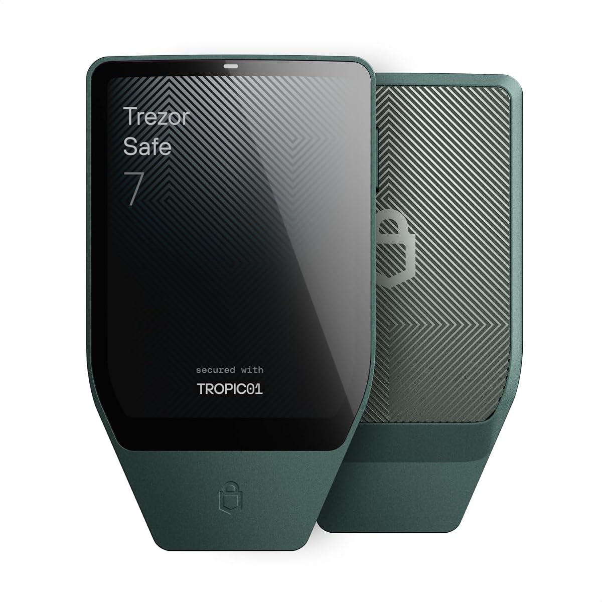Fotografía técnica oficial de Trezor Safe 7 - Monedero de Hardware Criptográfico para Bitcoin, Bluetooth, Pantalla Táctil - Vista frontal con fondo blanco
