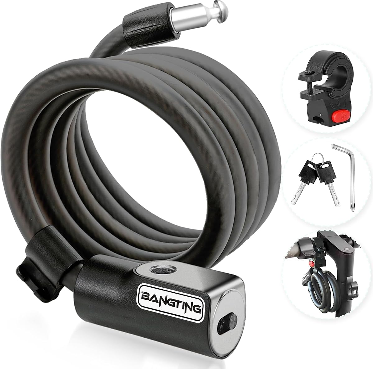 Ver especificaciones técnicas y precio actualizado de Bangting Candado para patinete eléctrico, 120 cm/12 mm, alta seguridad, cable con 2 Fotografía técnica oficial de Bangting Candado para patinete eléctrico, 120 cm/12 mm, alta seguridad, cable con 2 - Vista frontal con fondo blanco