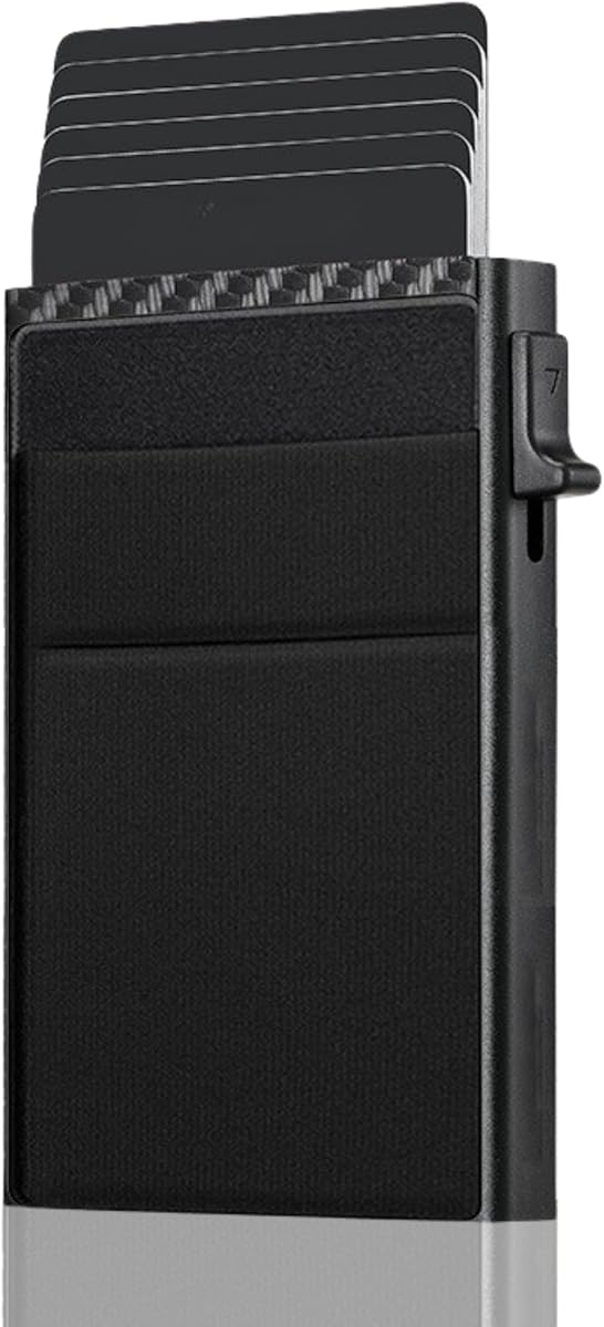 Fotografía técnica oficial de Tarjetero Hombre Fibra de Carbono con Bloqueo RFID, Tarjetero Metálico Automático Carbono, Porta - Vista frontal con fondo blanco