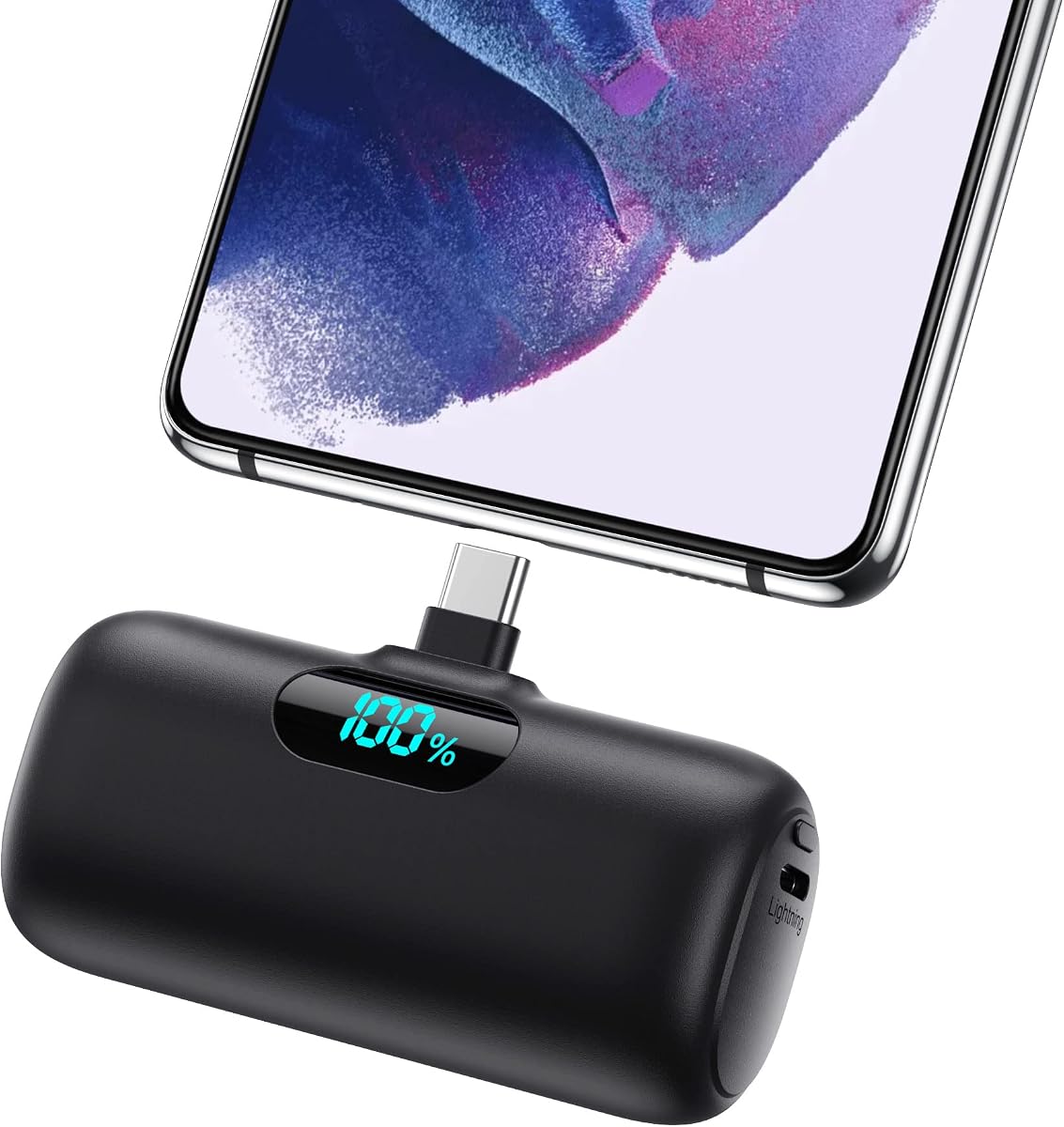 Fotografía técnica oficial de Feob Mini Power Bank, 5000mAh USB C Cargador Portátil 15W PD Carga Rapida - Vista frontal con fondo blanco
