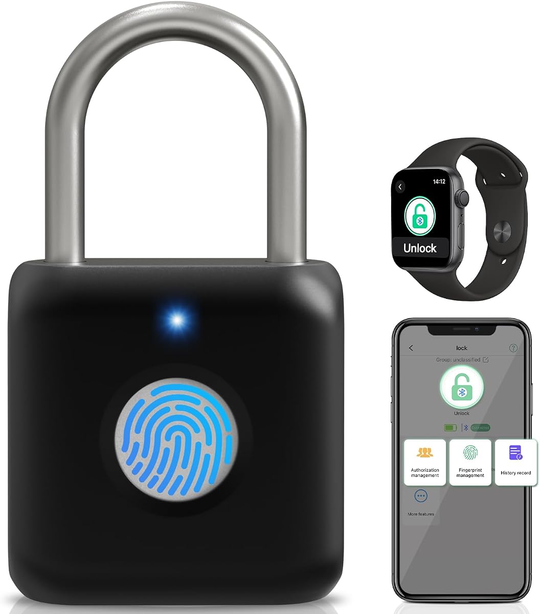 Fotografía técnica oficial de Anweller Anweller Smart Lock - Candado biométrico con huella dactilar - Vista frontal con fondo blanco
