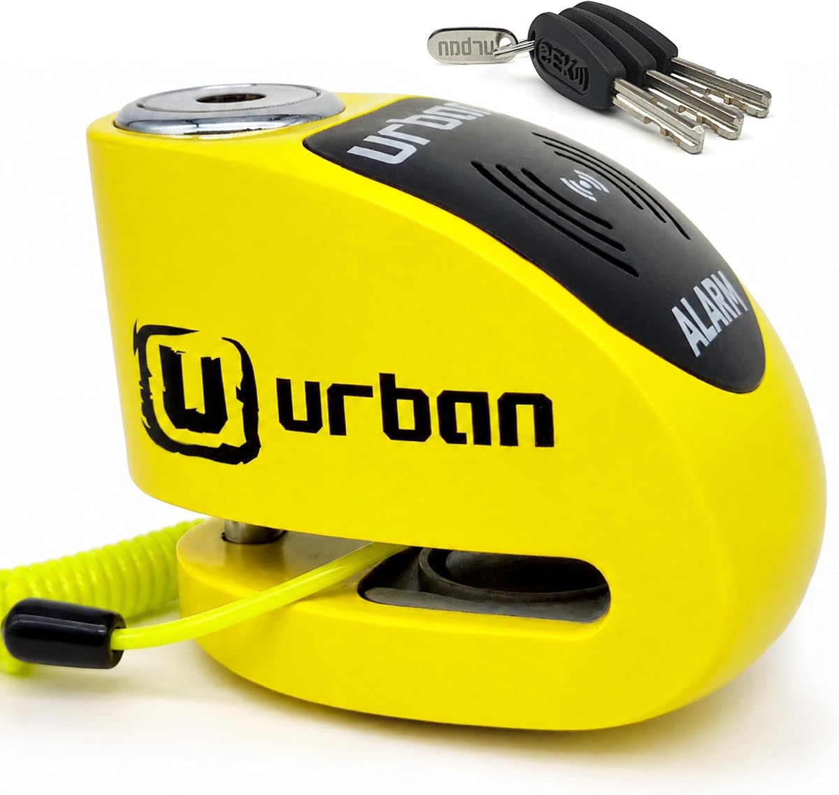 Fotografía técnica oficial de URBAN UR906Y Candado Moto Disco Alarma 120dB Hi-Tech X2 ON, Remplazable Impermeable, Pila - Vista frontal con fondo blanco