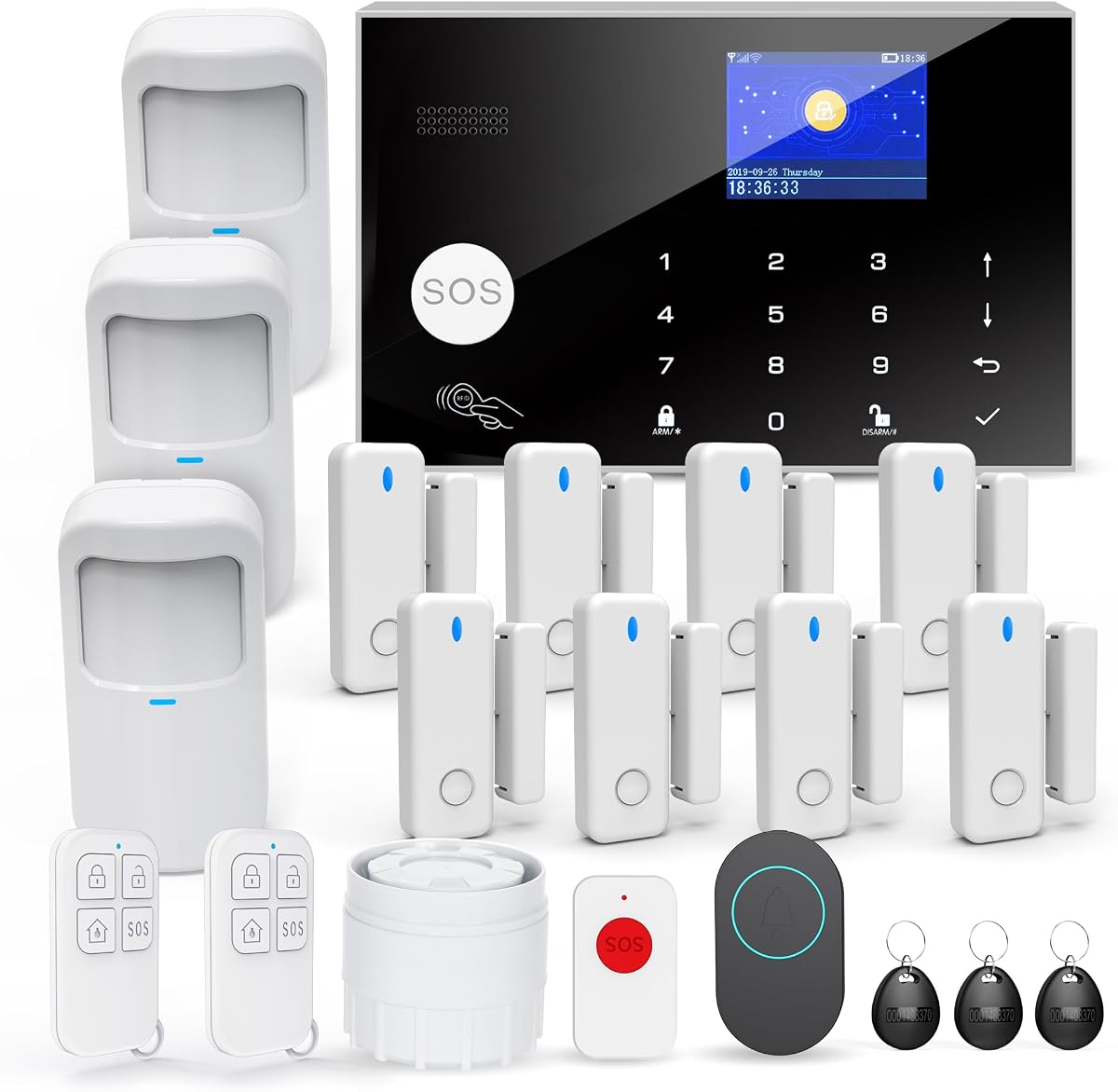 Fotografía técnica oficial de Alarma Inalámbrica WiFi para el Hogar, 20 Piezas gsm 4G Sistema Antirrobo - Vista frontal con fondo blanco