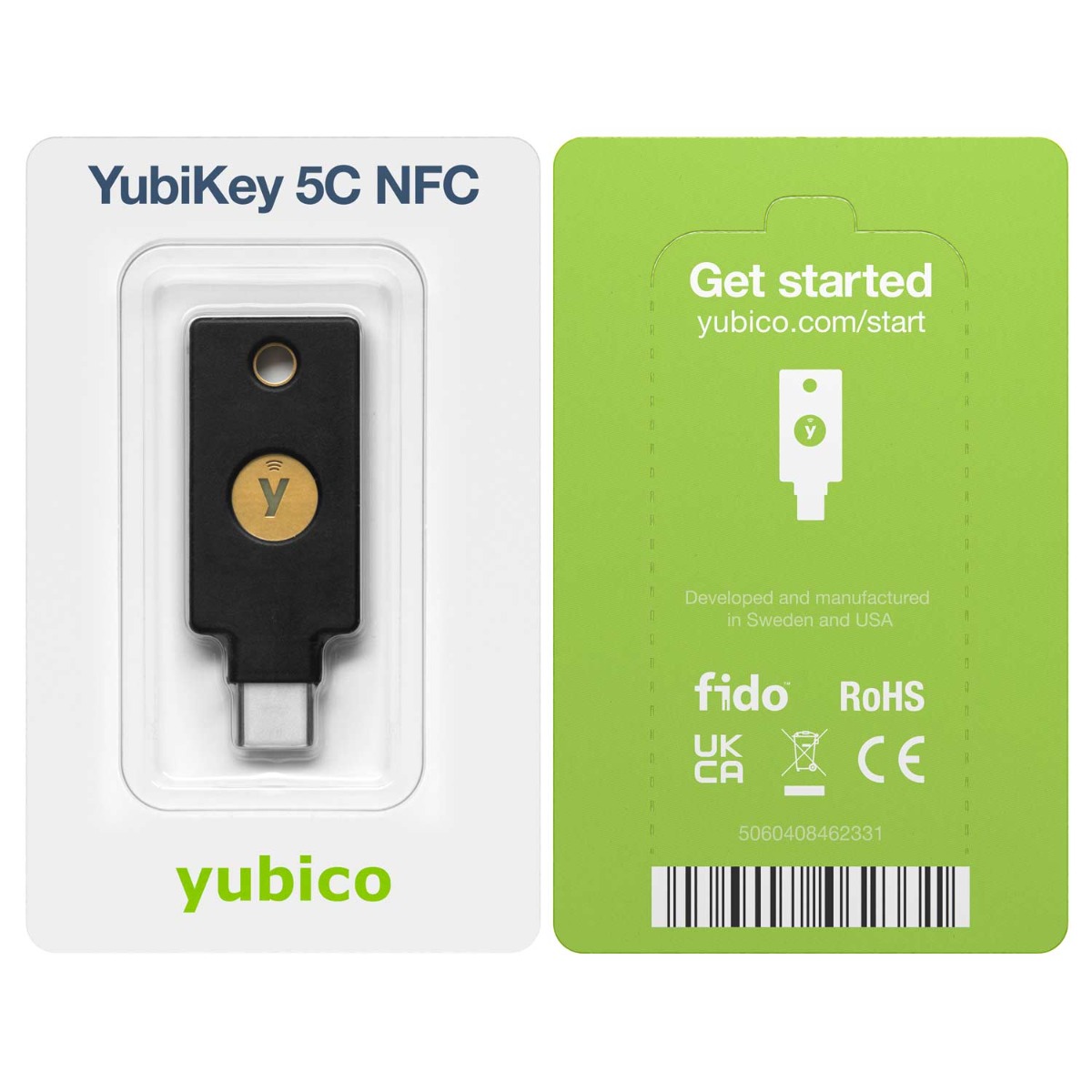Fotografía técnica oficial de Yubico YubiKey 5C NFC - Llave de Seguridad FIDO2 Multifunción (USB-C y NFC) - Vista frontal con fondo blanco
